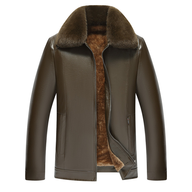 2025 Winter New Style Leather Jacket for Middle-Aged and Elderly Men, Fleece-Lined and Thickened, Men's Clothing with Oversized Fur Collar, Warm Leather Coat