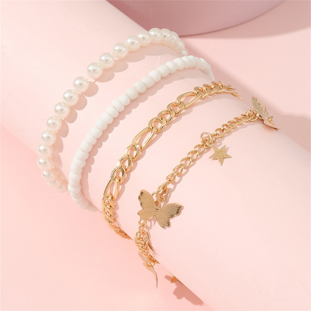 Cross-border Europe and the United States New Star butterfly pendant anklet creative retro simple pearl anklet 4 piece set Wholesale