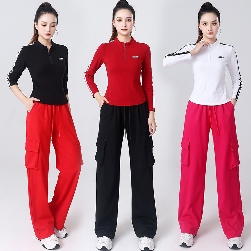 Autumn 2024 new half zipper long sleeve square dance slim fit sports clothing women's cotton in stock suit