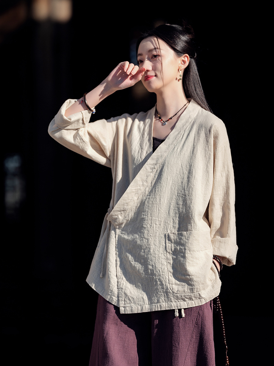 25 Cotton and Linen Women's New Style Retro Zen Slanted Placket Loose Linen Lace-Up Han Dynasty Top Outwear Women's Zen Tea Clothes