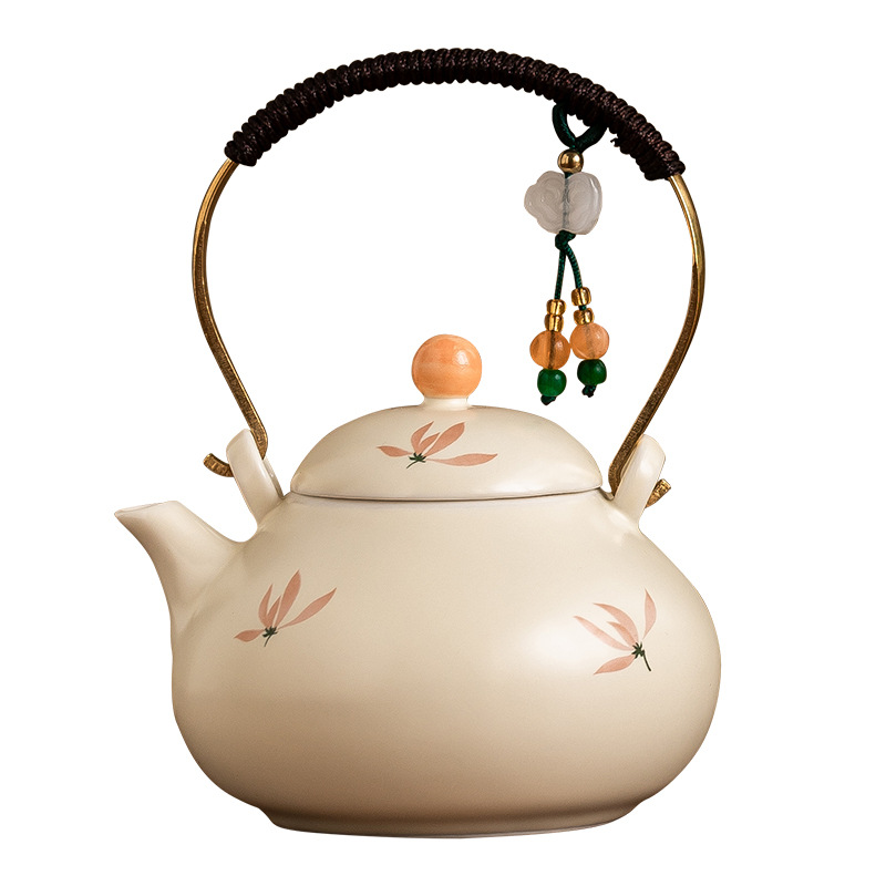 Rice Yellow Glazed Orchid Tying Rope Lifting Pot Large Capacity Teapot Single Pot Chinese Ceramic Tea Set Household Tea Boiling Teapot