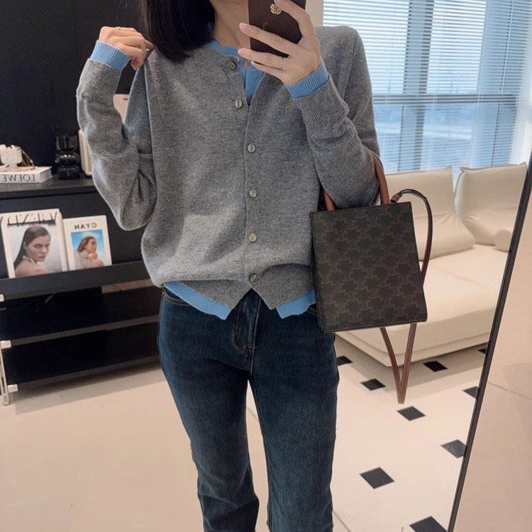 Французская строчка цветовой контраст фальшивый двухчастный шерстяной вязаный кардиган женский свободный универсальный сложенный свитер цветное кашемировое жакет