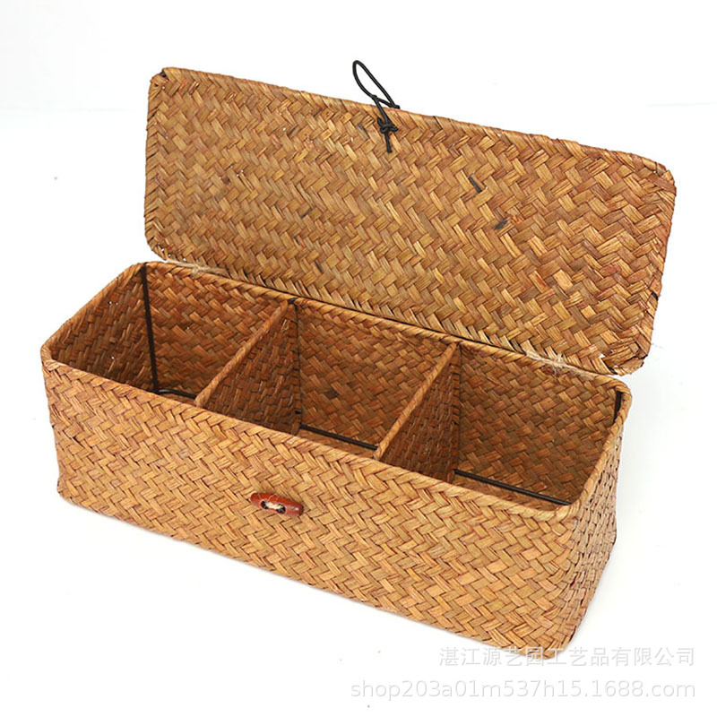 Straw Storage Basket Pure Hand-woven Sundries Storage Household Square Desktop Three-compartment Storage Basket with Lid