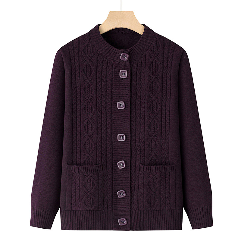 Mother's Fashionable Autumn Loose Knitted Cardigan Outer Wear Middle-aged Long-sleeved Jacket Top Red Sweater for the Elderly