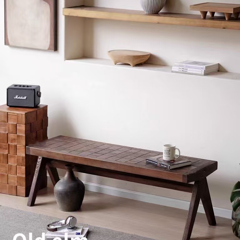 Quiet Style Old Elm Wood Parquet Long Stool Chinese Homestay Hotel Checkerboard Dining Chair Home Entrance Shoe Changing Stool