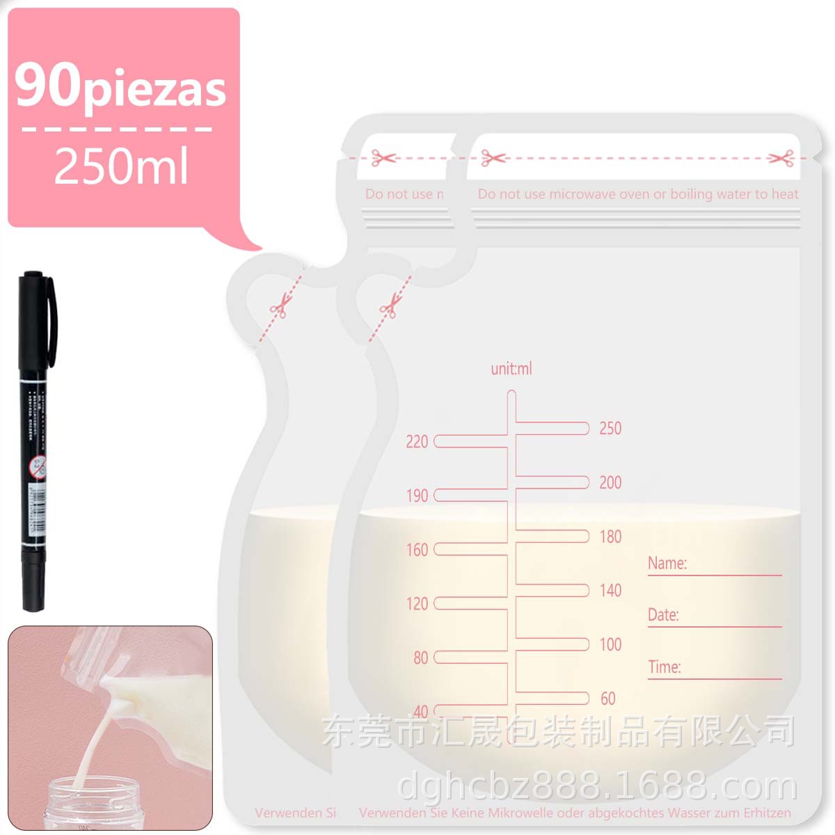 Dongguan supply pink 250ml breast milk storage bag special-shaped 90 English version of breast milk bag milk storage bag in stock
