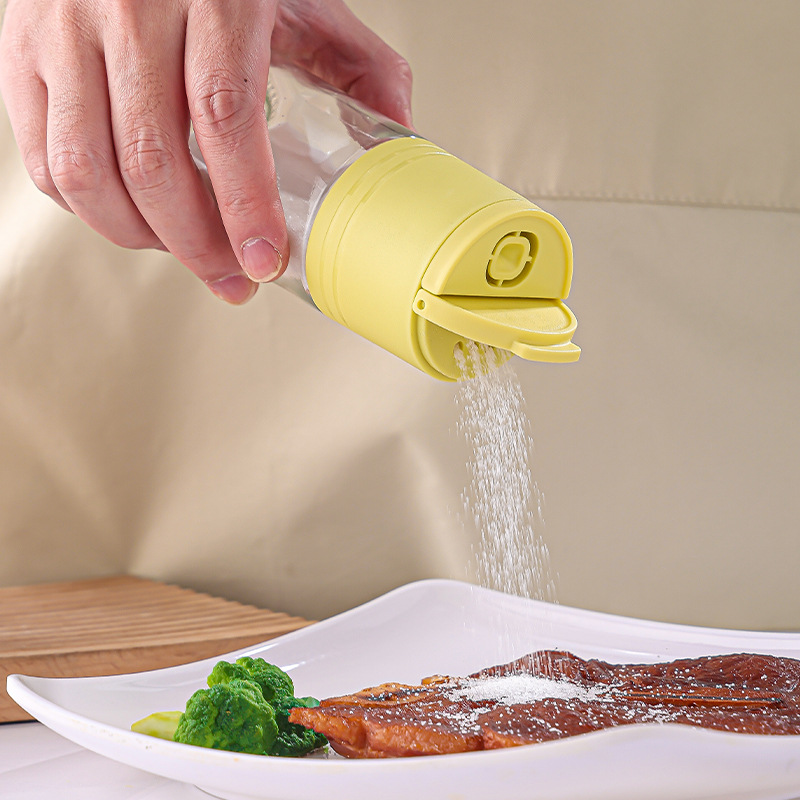 Kitchen Quantitative Seasoning Jar Push-Type Household Moisture-Proof Sealed Seasoning Bottle Glass Salt Jar Round Double-Mouth Salt Control Bottle