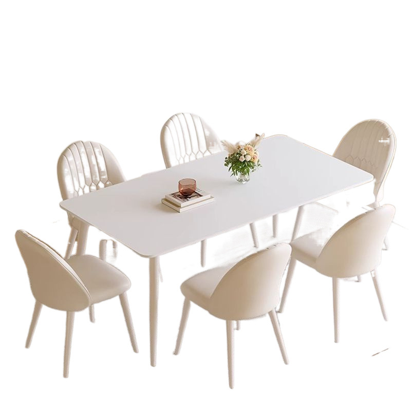 Cream Style Pure White Slate Dining Table and Chairs for Small Apartments Modern Simple Light Luxury Home Minimalist Rectangular Table Combination