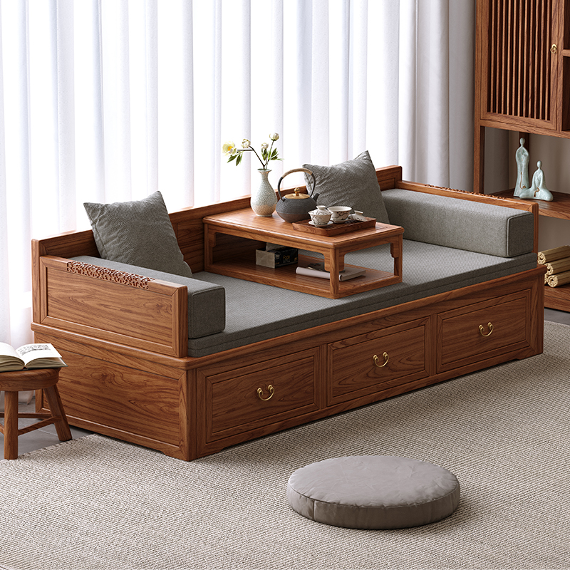 New solid wood sofa bed old elm winter and summer dual-use foldable retractable with drawer integrated multifunctional Luohan bed