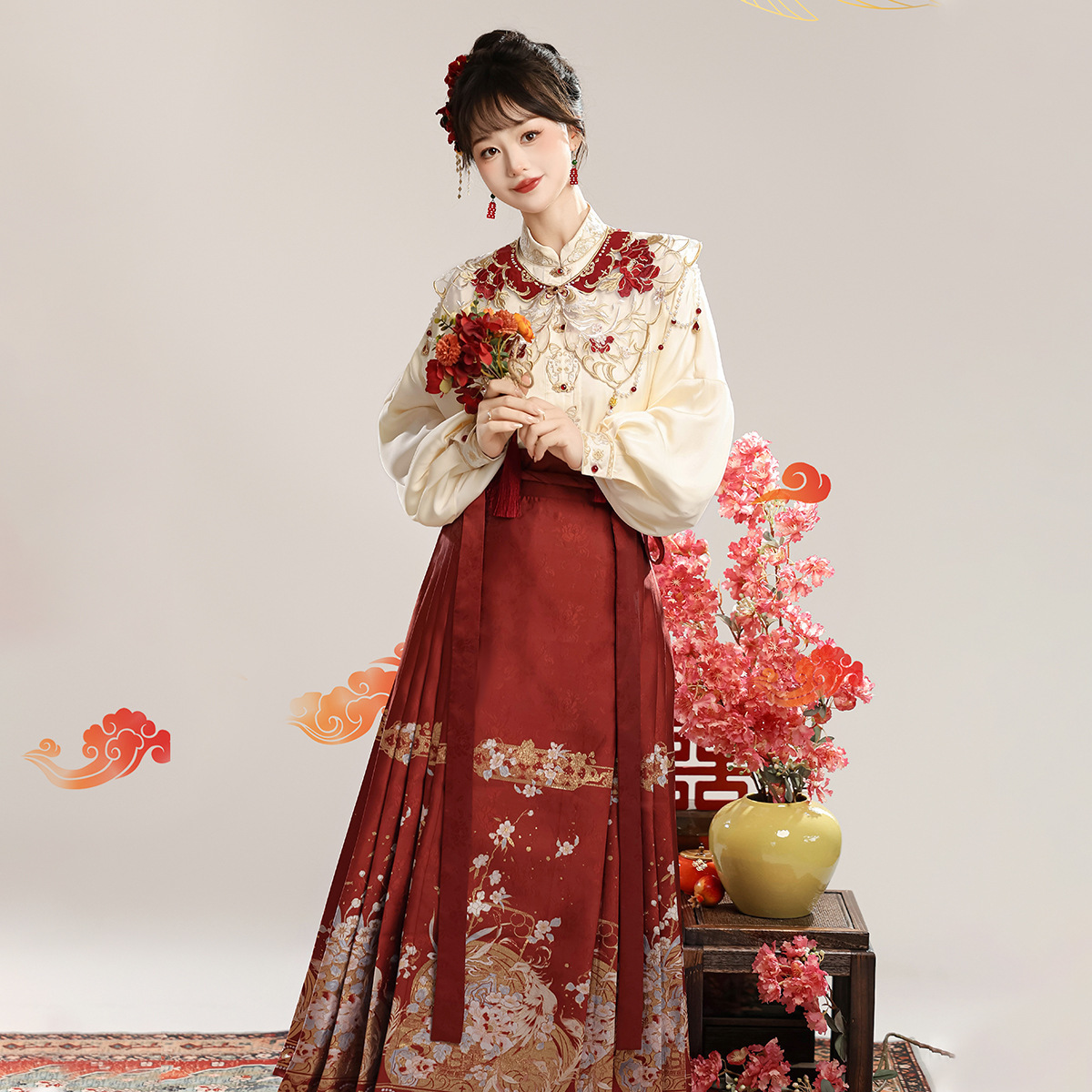 Yi Meng Ge Original Feng Ming Qu Han Dress Women's Chinese Style Improved Han Element Top Cloud Shoulder Horse Face Skirt suit 9336