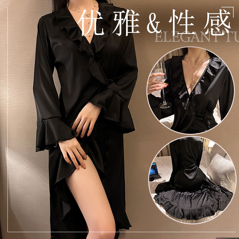 French-Style Sexy Deep V Robe, Ice Silk Bathrobe, Pure Desire Home Cardigan Nightgown, One-Piece Wholesale