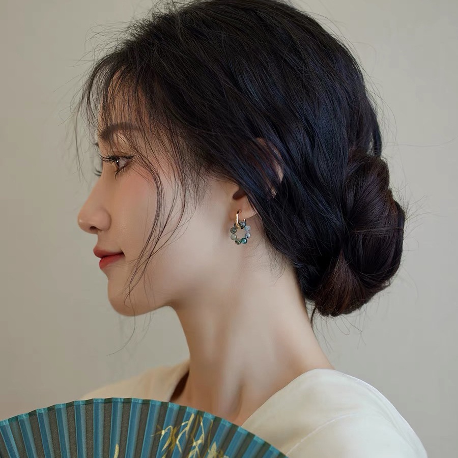 Quiet Good Time Exquisite Design Natural Aqua Grass Agate Golden Ear Ring Niche High-grade Personality Earrings