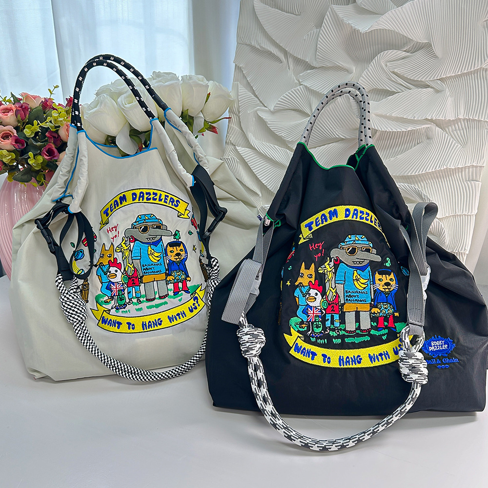 Japanese style ball chain eco-friendly nylon embroidered hand canvas bag nylon ladies shoulder bag shopping bag