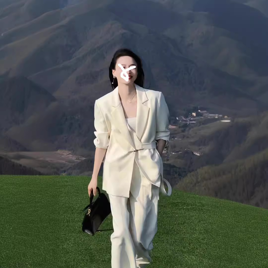 [Ready Stock] 2024 Plus Size Women's Spring & Fall Slightly Fat mm Suit Design Suit Wide-Leg Pants Two-Piece Set 235