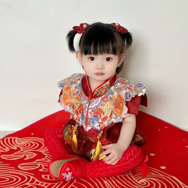 Summer Baby Tang Suit Year-old Dress Baby Girl's Chinese Style Crown Dress Year-old Birthday Banquet Dress Guofeng Cloud Shoulder Climbing Dress