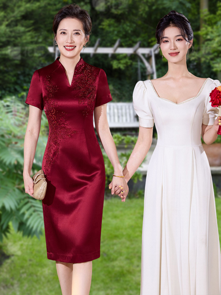 Mid-length Cheongsam Wedding Mother's Dress Summer Short-sleeved Acetate Satin Chinese Style Happy Mother-in-law Banquet Dress dress