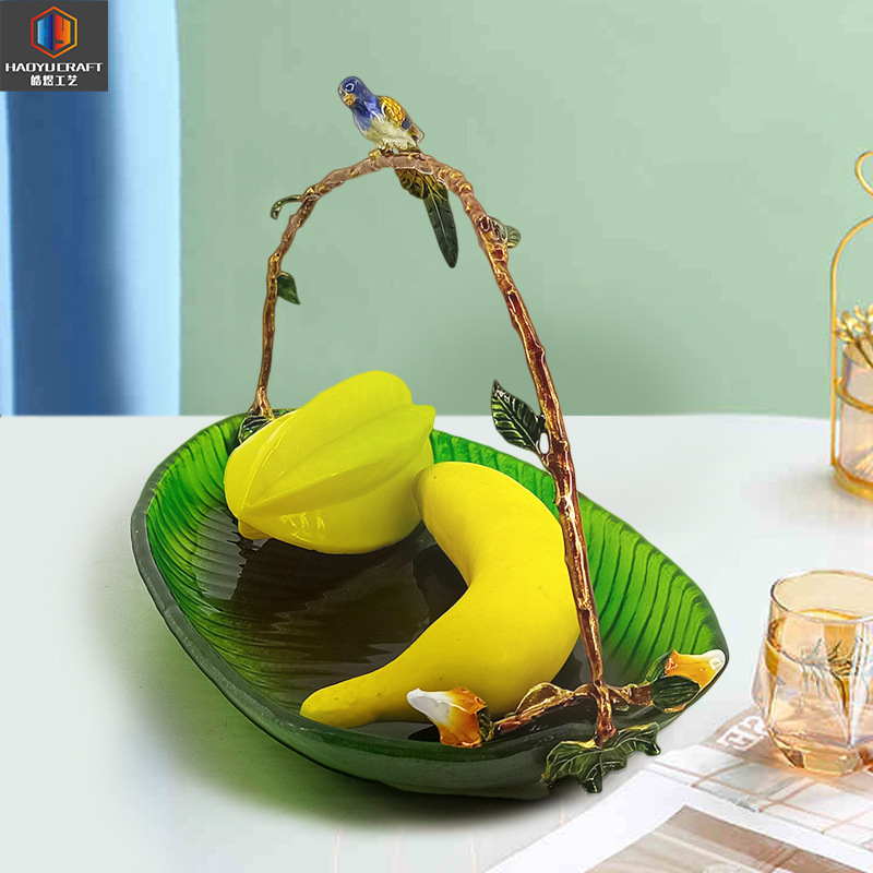 European Style Luxury Enamel Color Fruit Basket American Style Villa Model Room Fruit Plate Ornaments Glazed Banana Leaf Decorative Tray