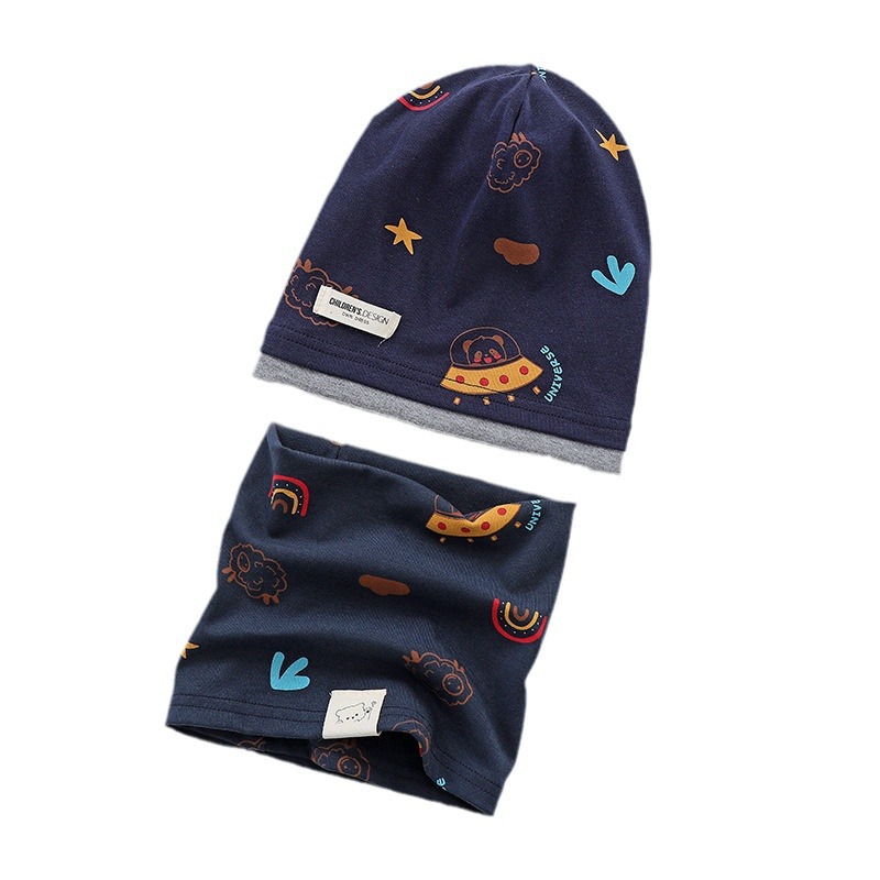 Autumn and winter new children's contrasting color pile cap baby windproof scarf 2-piece set for boys and girls cute knitted pullover cap