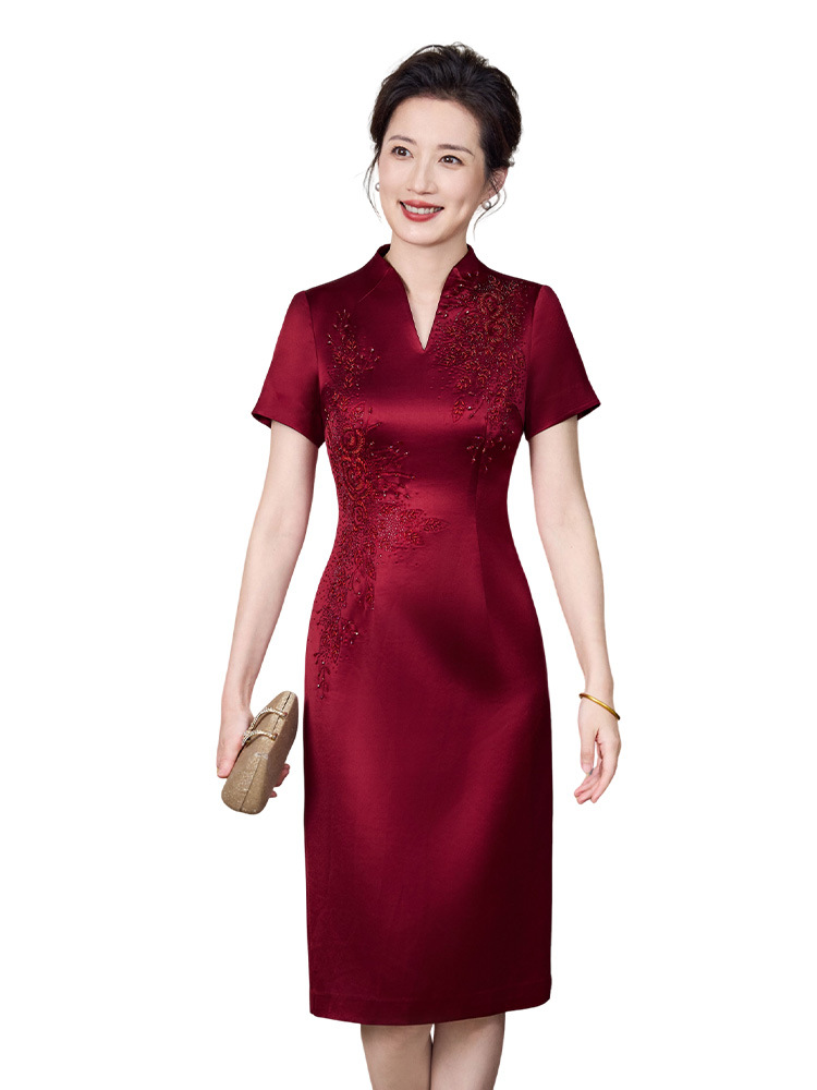 Mid-length Cheongsam Wedding Mother's Dress Summer Short-sleeved Acetate Satin Chinese Style Happy Mother-in-law Banquet Dress dress