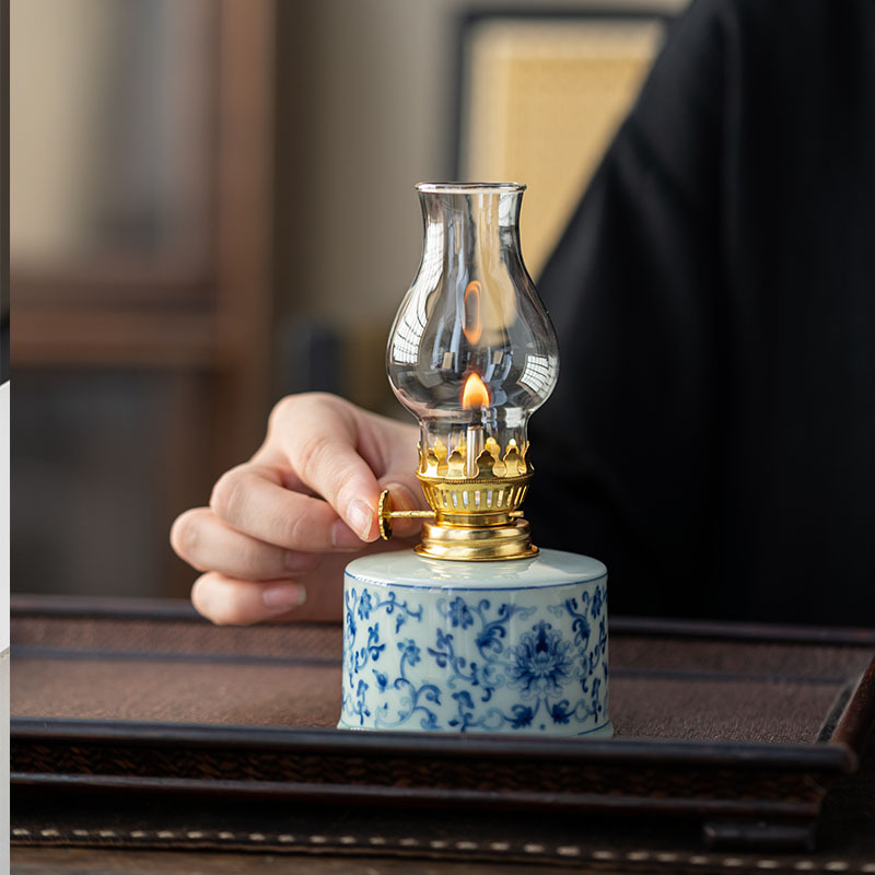 Kiln Change Ceramic Changming Lamp Tea Room Ornaments Home Creative Blue and Flower Butter Lamp Camping Atmosphere Lamp Decorations