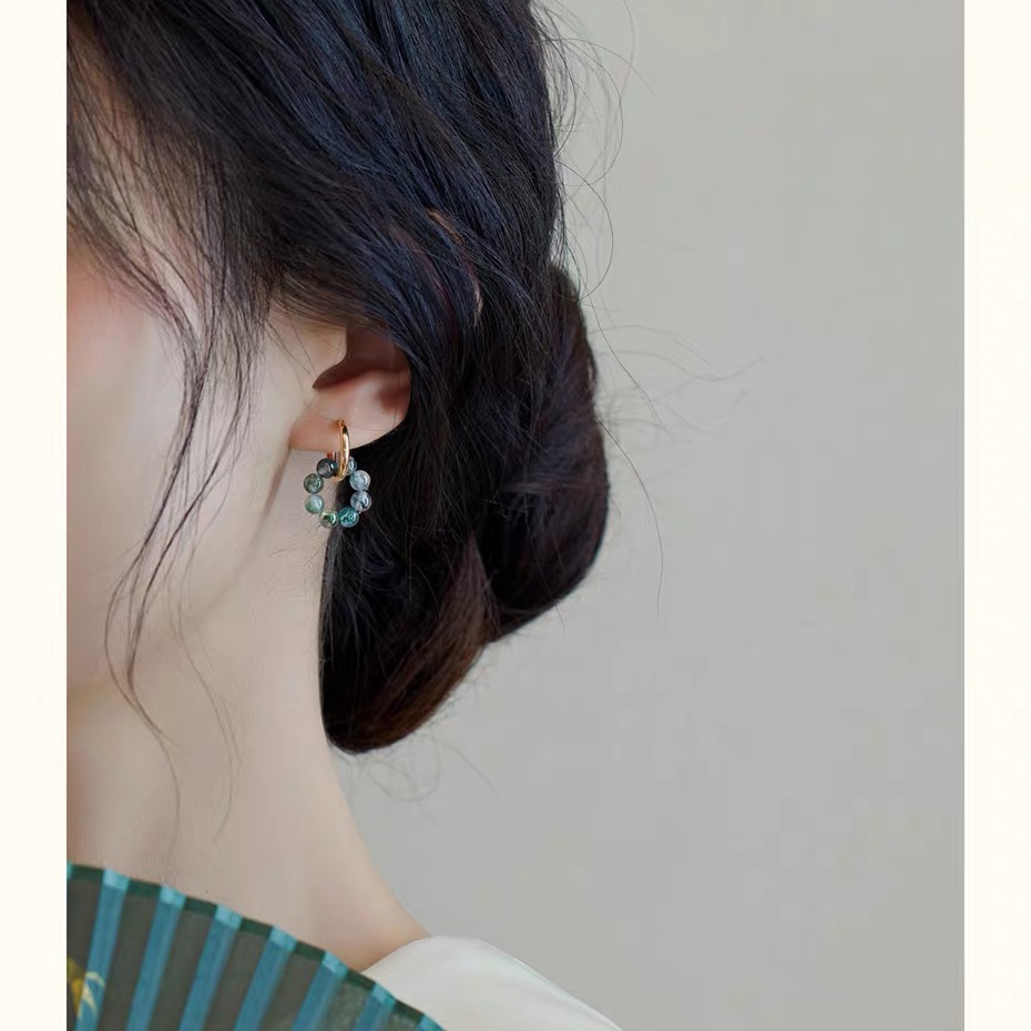 Quiet Good Time Exquisite Design Natural Aqua Grass Agate Golden Ear Ring Niche High-grade Personality Earrings