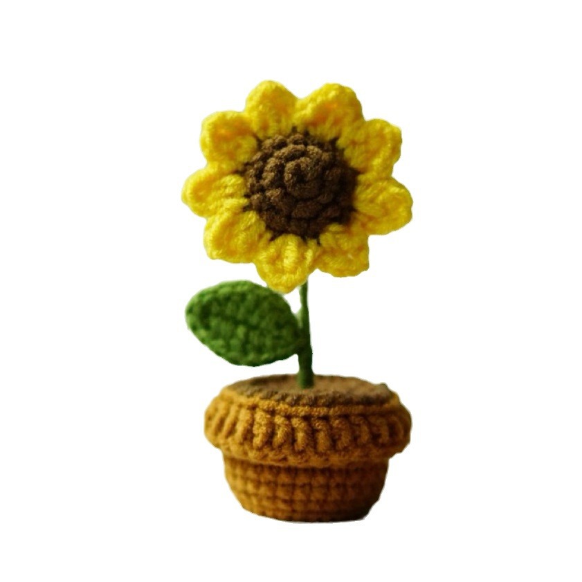 Cross-border hand-woven mini DIY potted bouquet crocheted tulip sunflower car ornaments wool finished product