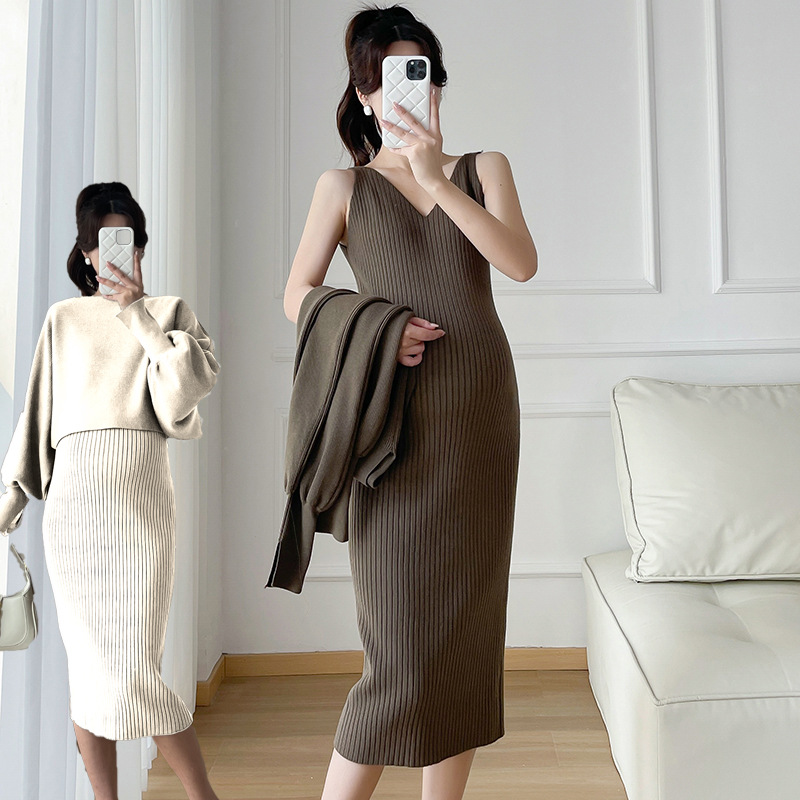Real shot in stock cored yarn thickened pregnant women suit autumn and winter New pregnant women dress suit fashion two-piece set