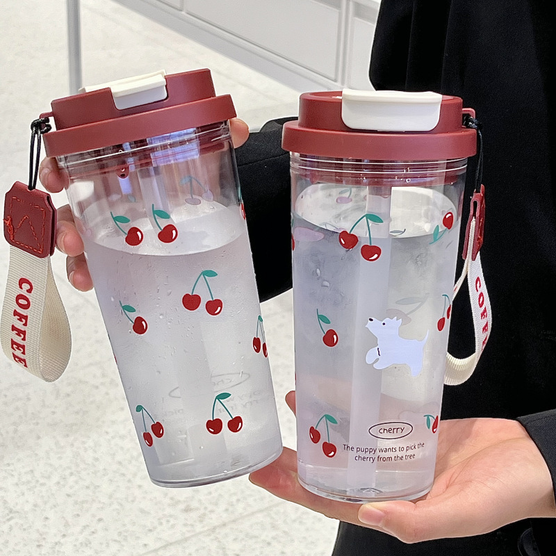 Straw Cup Student Flower Tea Cup Water Cup Girl's Handy Cup Portable Straw Plastic Cup Large Capacity Summer Cup