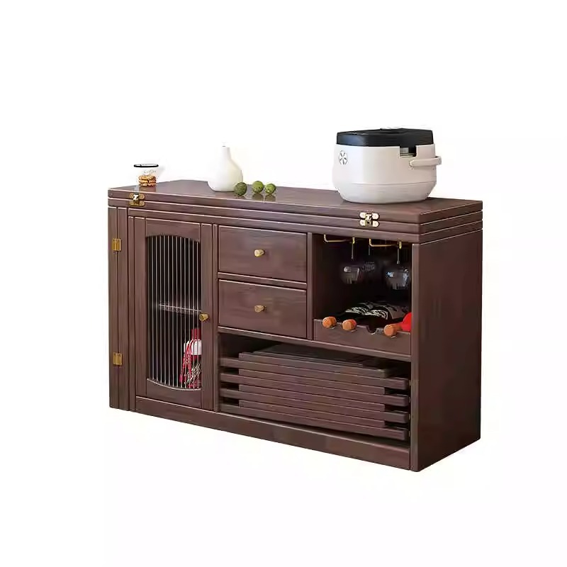 1.2M Solid Wood Folding Dining Table and Chair Integrated Dining Side Cabinet Rubber Wood Multifunctional Tea Cabinet Small Apartment Living Room Wine Cabinet