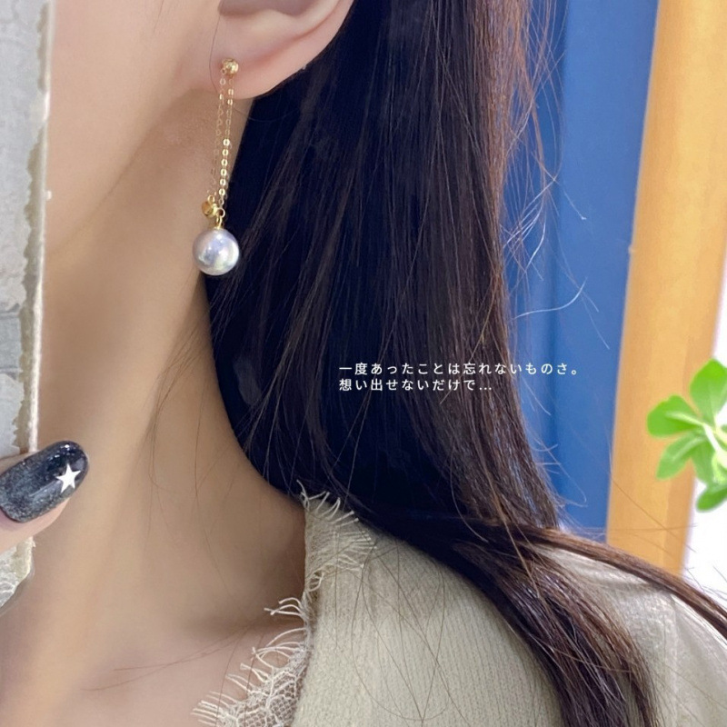 G18K Thick Gold Heart Sea Water Pearl Earrings 8-9mm Sea Water Real Hemp Pearls