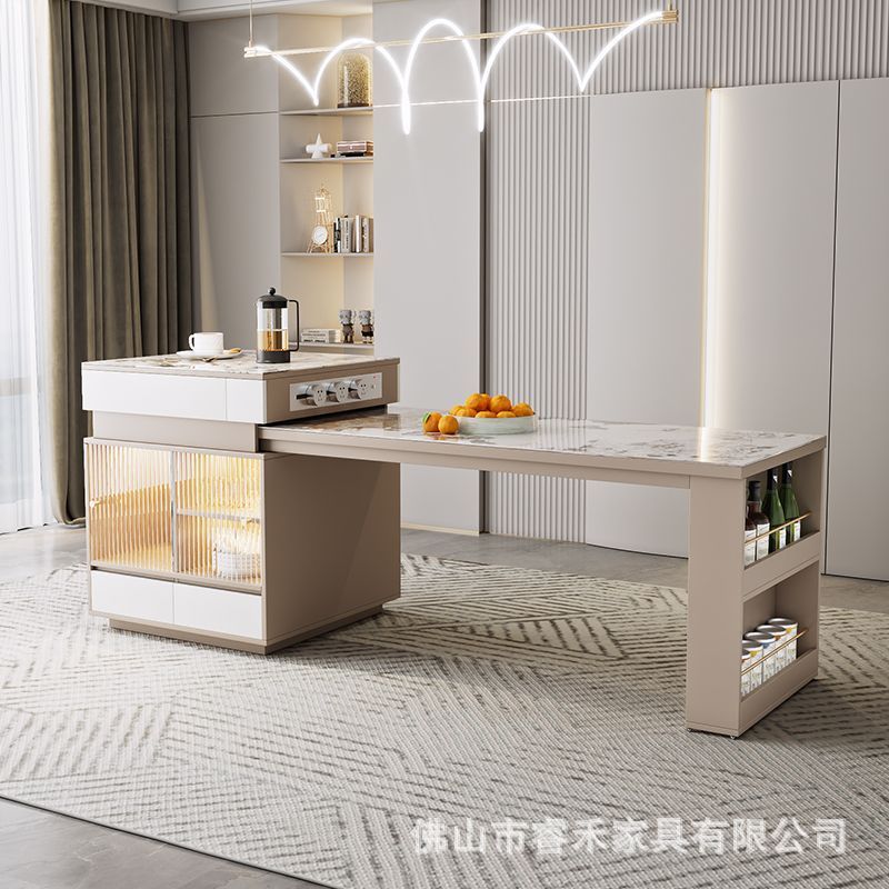 Light Luxury Rock Board Island Table Dining Table Integrated Retractable Solid Wood Multifunctional Small Apartment Kitchen Bar Table Dining Table Dining Table