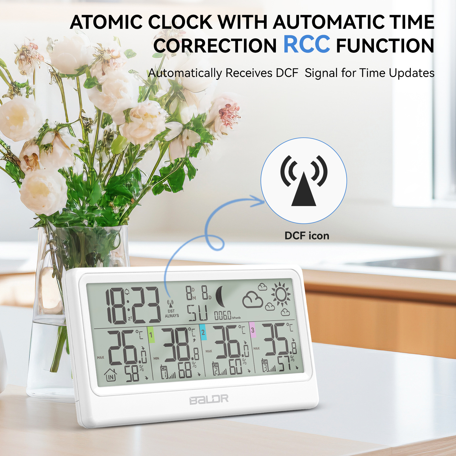 BALDR three-channel wireless temperature and humidity meter alarm clock moon phase pressure and other functions
