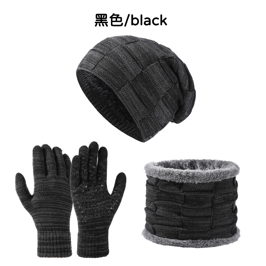Cross-border European and American hat Amazon knitted hat men's and women's autumn and winter plus velvet padded hat scarf gloves three-piece set