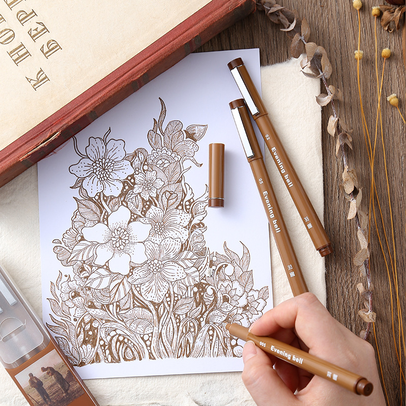 Ink Needle Pen, Evening Bell Brown Outlining Pen, Hand-Drawn Water-Based Comic Line Drawing Pen, Outlining Illustration Full Needle Pen