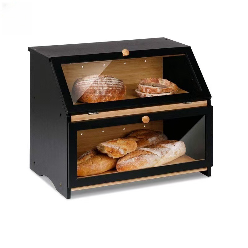 Cross-border Wooden Cake Box Bread Storage Box Bamboo Bread Box with Transparent Glass Kitchen Double-layer Storage Box