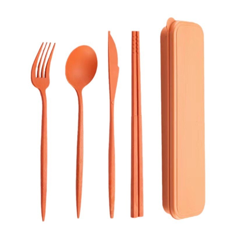 Four-piece set of wheat straw knife, fork, spoon and chopsticks Portuguese tableware outdoor fruit fork portable meal factory direct sales