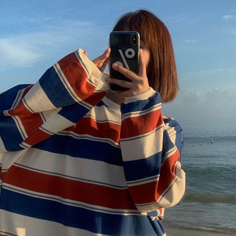 2025 Autumn New Korean Style Loose Striped Long Sleeve T-Shirt for Women, Trendy and Versatile Thin Top for Students