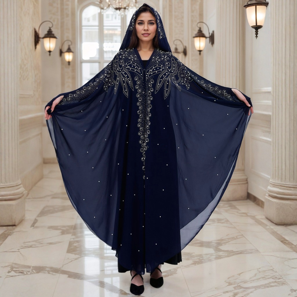 Middle Eastern and African Hot-Selling Rhinestone Beaded Robe Dubai Hooded Shawl Cloak Worship Dress Beaded Abaya Robe