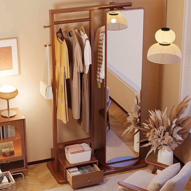 All Solid Wood Coat Rack Integrated Mirror Dressing Mirror Floor-Standing Clothes Rack Living Room Bedroom Entrance Door Home Full-Length Mirror