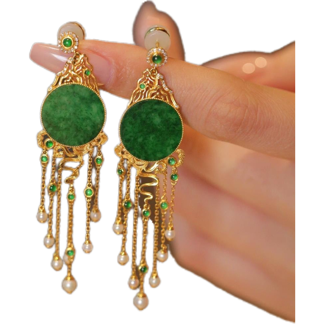 Original Long New Chinese Style Tassel Earrings Natural Color Chalcedony Full Green Round Brand White Pearl National Style Elegant Earrings for Women