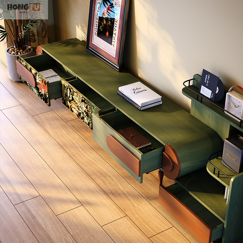 French Retro Solid Wood Tv Cabinet Floor-Standing Small Apartment Living Room Antique Style Combination Ash Wood Floor Cabinet Complete Set