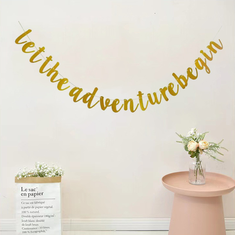 In stock cross-border let the adventure begin theme glitter banner party decoration supplies pull flag pull flower venue layout