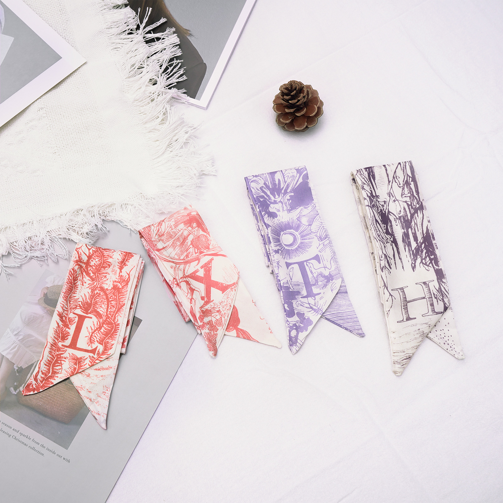 Super Beautiful 26 Letters Long Silk Scarf Headband Mid-Autumn Festival Gift Box Versatile Tying Bag Streamer Companion Gift Box Ribbon