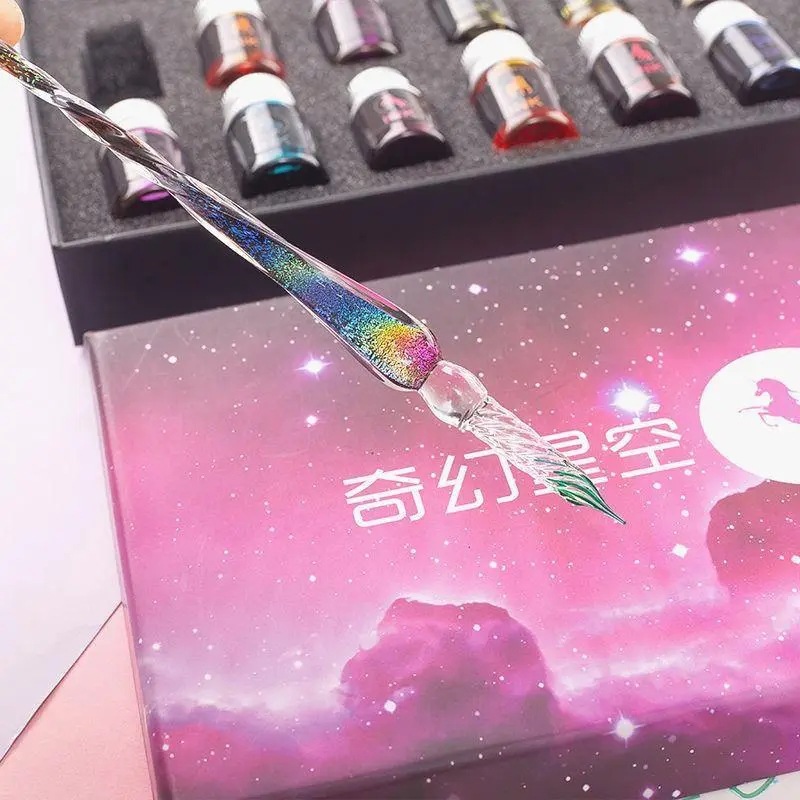Glass Pen Starry Sky Dipped Fountain Pen Crystal Pen Ancient Style Color Ink Quicksand Pen Student Popular Birthday Gift Box Set