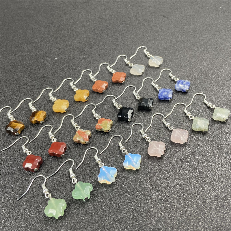 Powder Crystal Cut Four-leaf Grass Earrings diy Antique Flower Earrings Dongling Jade Four-leaf Ear Hook Earrings Accessories