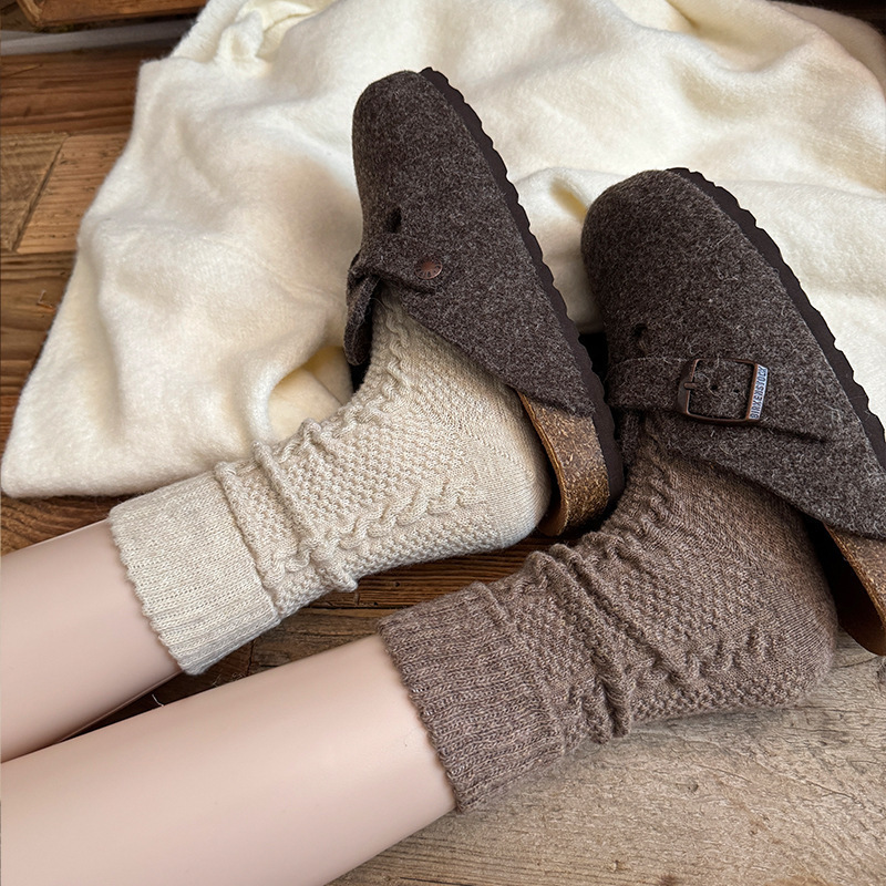 Wool Socks for Women, Autumn and Winter Style, Warm Twisted Mid-Calf Socks, Fleece-Lined and Thickened Slouch Socks, Winter Maternity Socks, Floor Socks