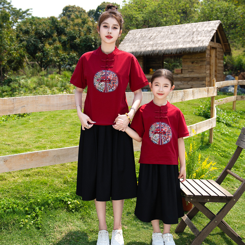 2025 Parent-child Suit Summer Suit National Style Short Sleeve Ankara Red Mother and Dresses Family of Three National Fashion Hanfu Family