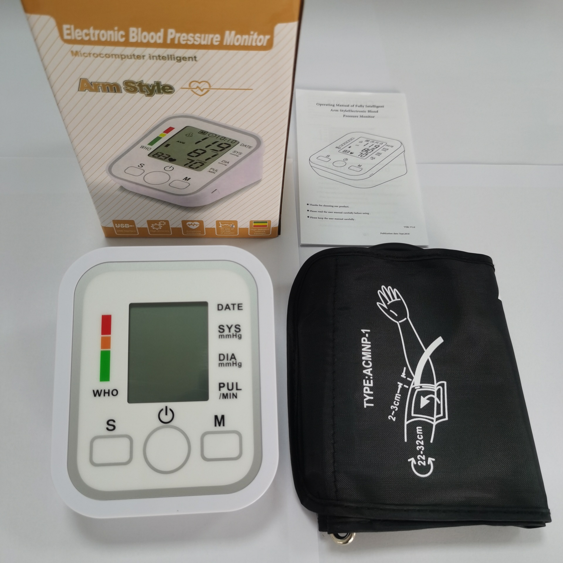Cross-Border Electronic Sphygmomanometer Measuring Blood Pressure Meter Home High-Precision English Russian Thai Small Screen Arm Sphygmomanometer
