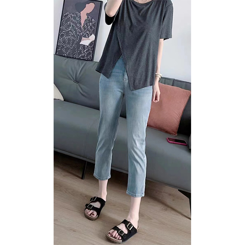 plus size Stretch Split Eight-point Jeans Women's Autumn New chubby girl Small High Waist Slimming Straight Pipe Pants