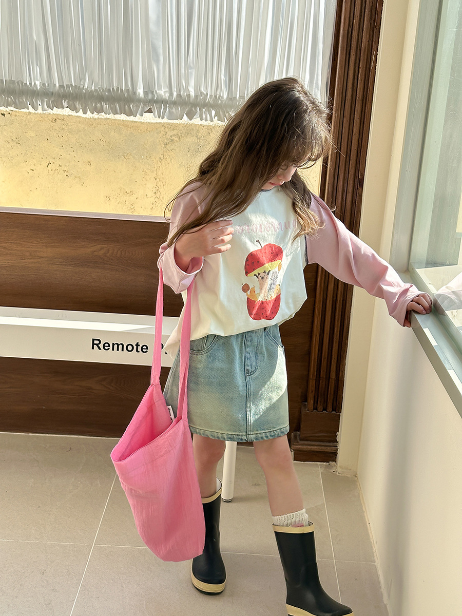 Aimo Beibei 2025 Spring Kidsren's Clothing Kidsren's Casual Color-Blocked Long-Sleeved T-Shirt K-Style Cute Cartoon Raglan Bottoming Shirt